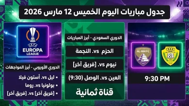 مواعيد وقنوات نقل مباريات الخميس 12 مارس 2026 في الدوري السعودي والإماراتي والدوري الأوروبي